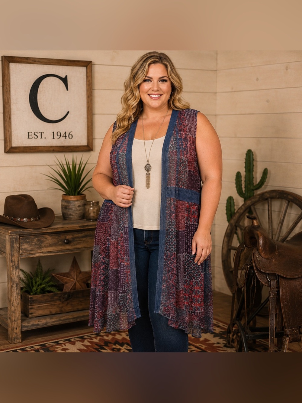 3CE. C Est. Boho Patchwork Sleeveless Duster Vest in Navy & Burgundy (22/24W)